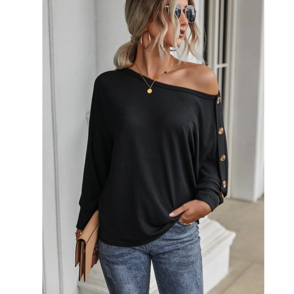 Black Long Sleeve Boat Neck Tee Shirt Button Detail - Picture 2 of 7